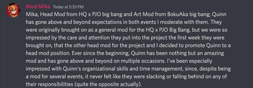 Mika, Head Mod from the HQxPJO Big Bang